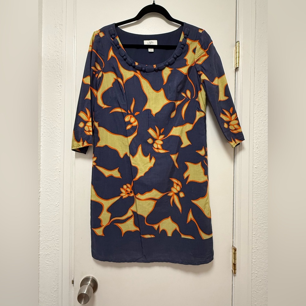 Ann Taylor LOFT Blue Yellow Floral Print Shift Dress | Size 0